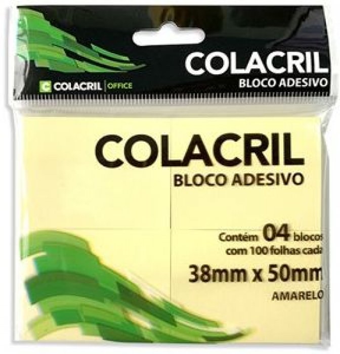 Bloco Adesivo Colacril 38X50 Amarelo 100FLS PCT/4