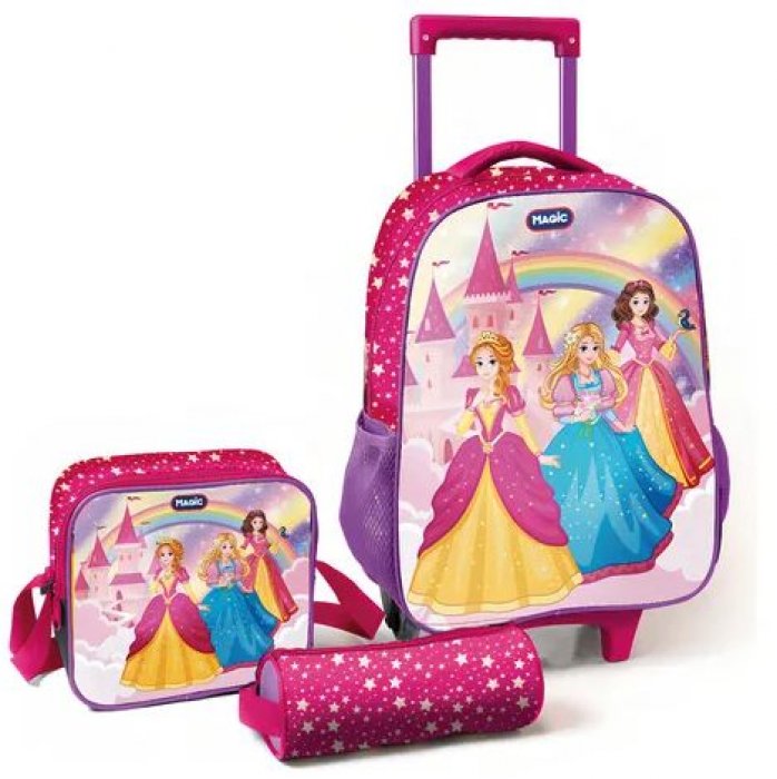 Mochila Carrinho+ Lancheira+ Penal Magic Kids Princesas 123208