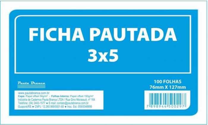 Ficha Pautada 3X5 - 12,7X7,6CM C/100 - Pauta Branca