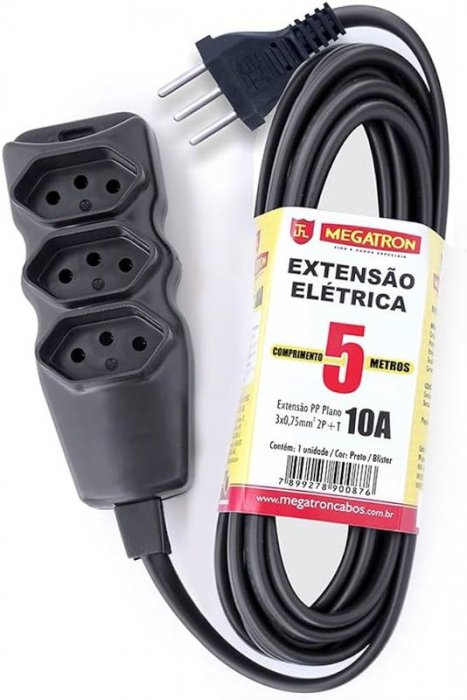 Extensao 3 Tomadas 05Mt - 2P+T=3 Pinos 10A Megatron