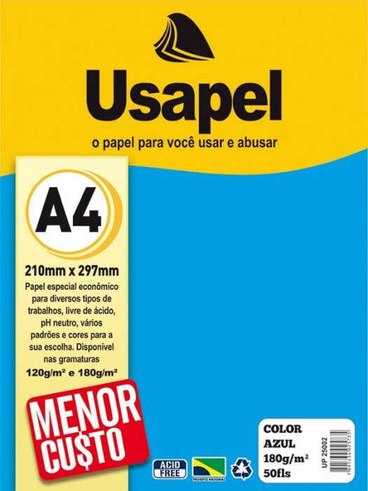 Papel A4 180GR Liso Folha Avulsa Azul Usapel 25002 Diplomata