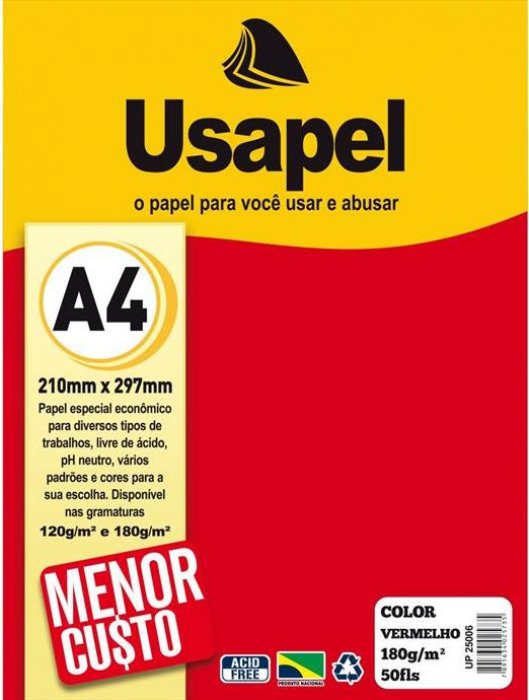 Papel A4 180GR. Usapel Folha Vermelho 25006
