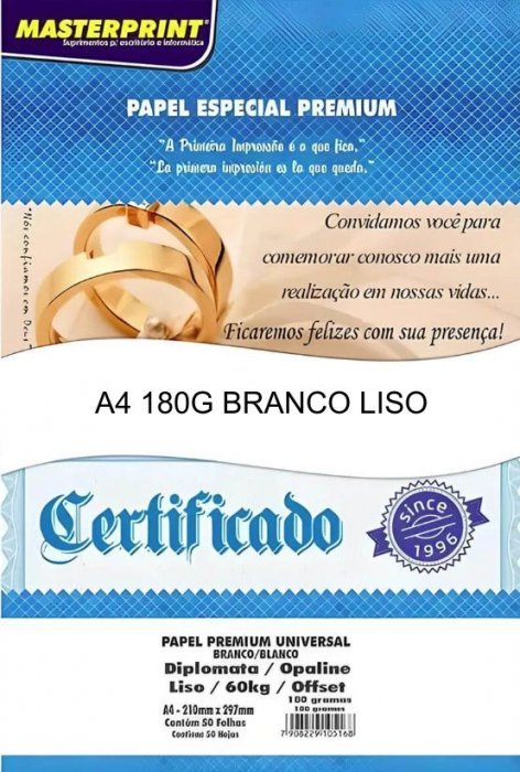 Papel A4 180GR. AP60KG Masterprint C/50FLS Branco Liso Diplomata Opaline