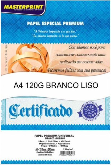 Papel A4 120GR. AP40KG Masterprint C/50FLS Branco Liso Diplomata Opaline
