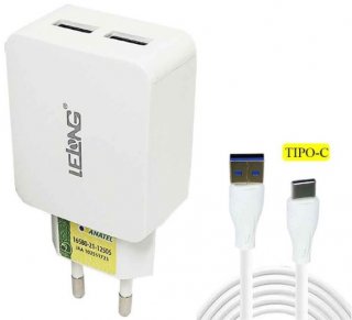 Carregador Rapido Duplo **USB/USB-C** C/Cabo 5.1A  Lelong Le-230FC