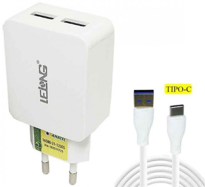Carregador Rapido Duplo **USB/USB-C** C/Cabo 5.1A  Lelong Le-230FC