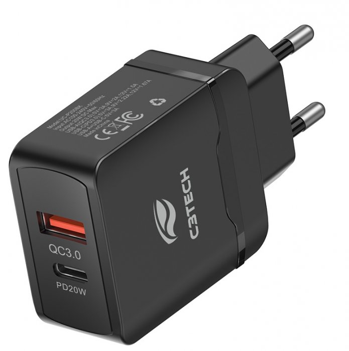 Carregador Rapido Duplo **USB/USB C** 20W   C3TECH Uc-P200BK